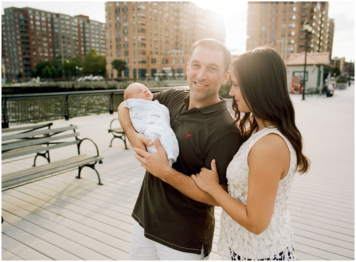 Newborn photography session when mom and dad went for a stroll at Hoboken Waterfront during sunset time