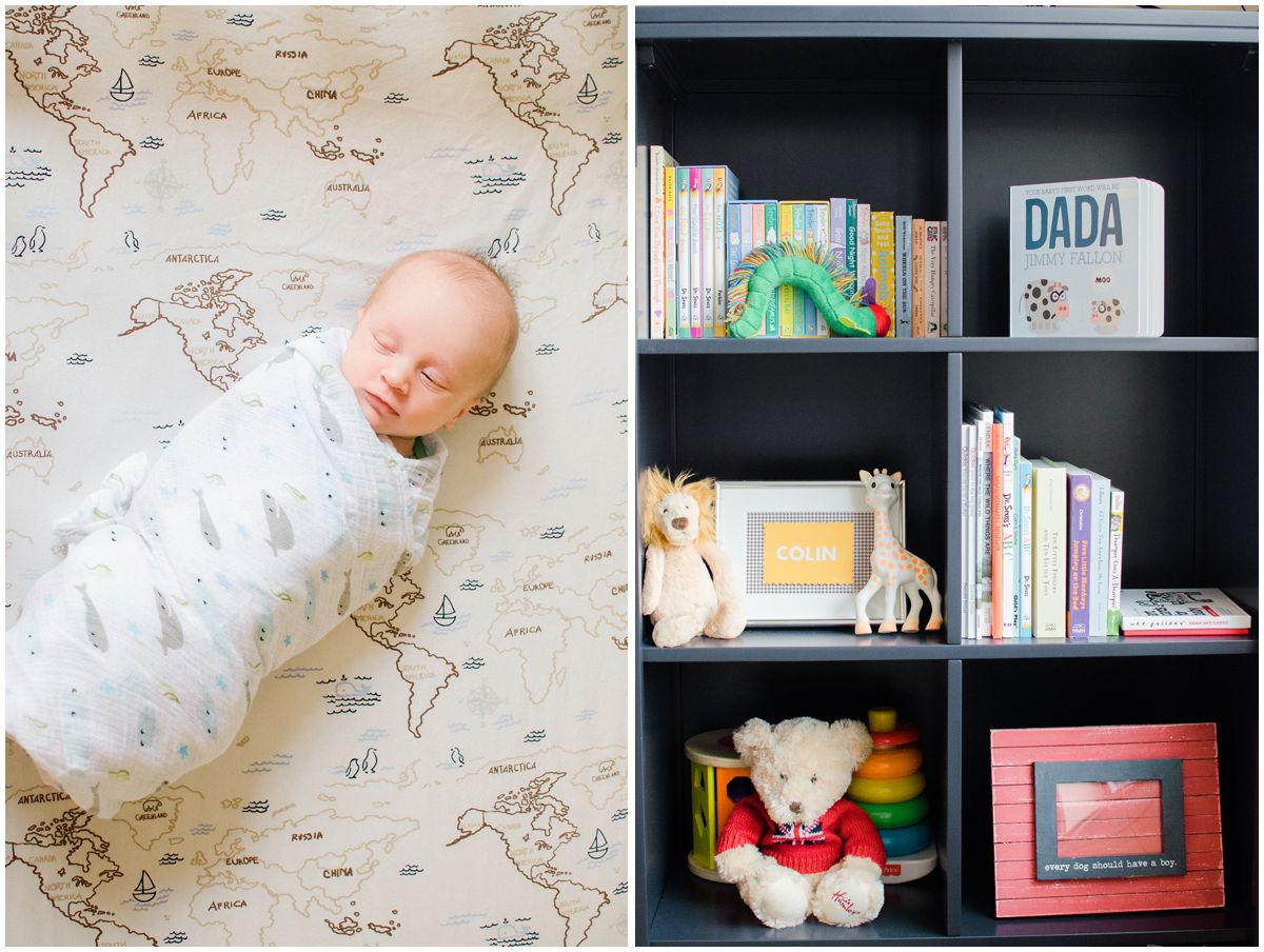 newborn baby boy laying in his decorative nursery and looking at his book collection in Hoboken NJ