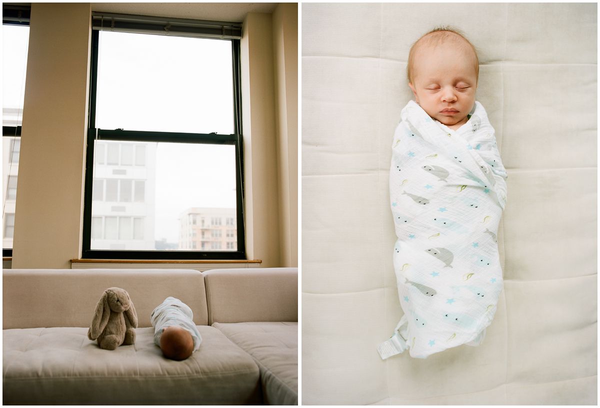 newborn baby laying down by the window and his grey toy bunny next to him on the couch