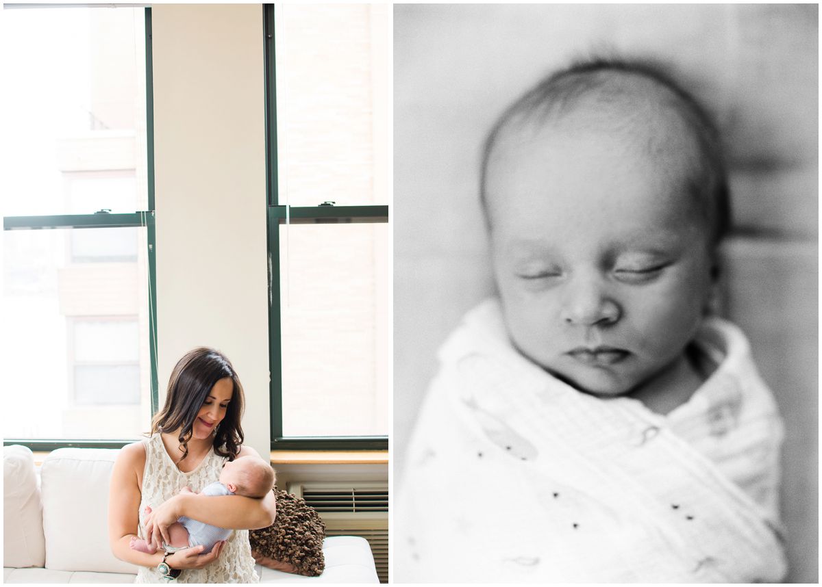 a newborn portrait of a baby boy sleeping and mom is next to the baby looking at her baby in her arms in NJ
