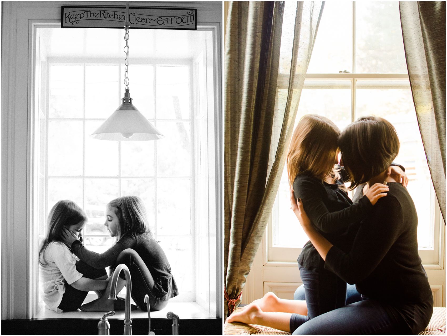 a sweet moment between two sisters and mom by the kitchen window of their Woodcliff Lake, NJ home