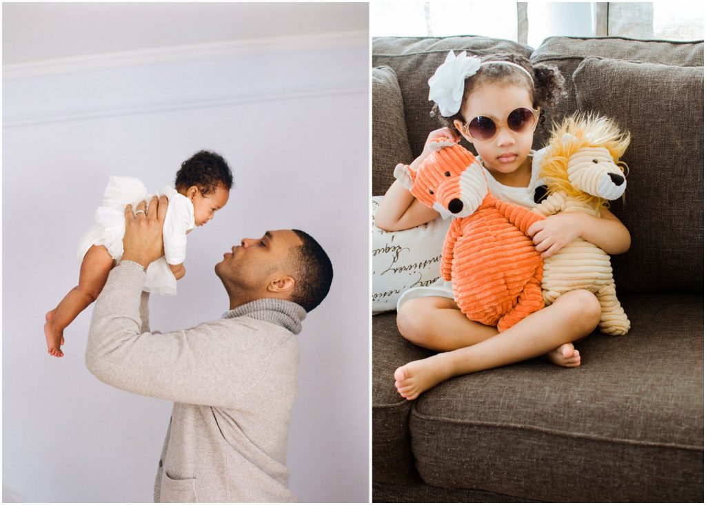Dad playing with his baby girl in the air while the older sister is wearing sunglasses in family photo in Montclair NJ