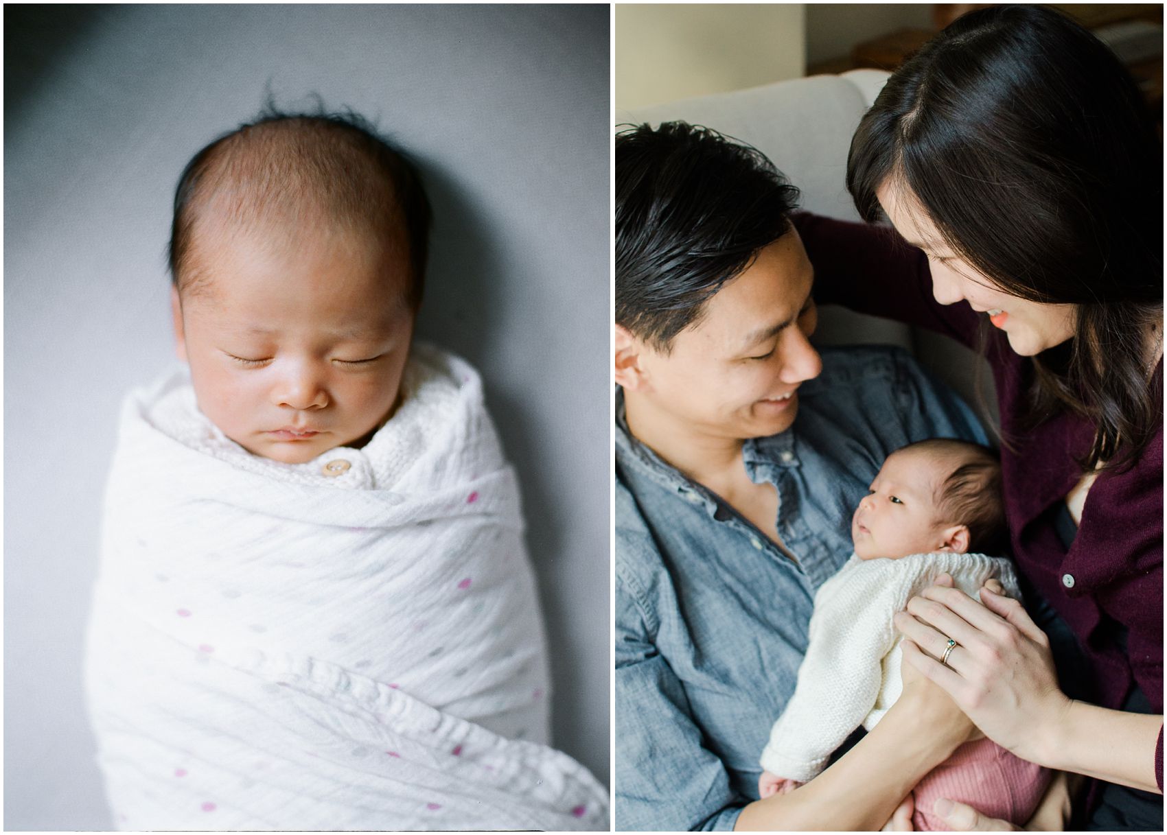 mom and dad smiling at their new baby girl in newborn portraits in New York apartment