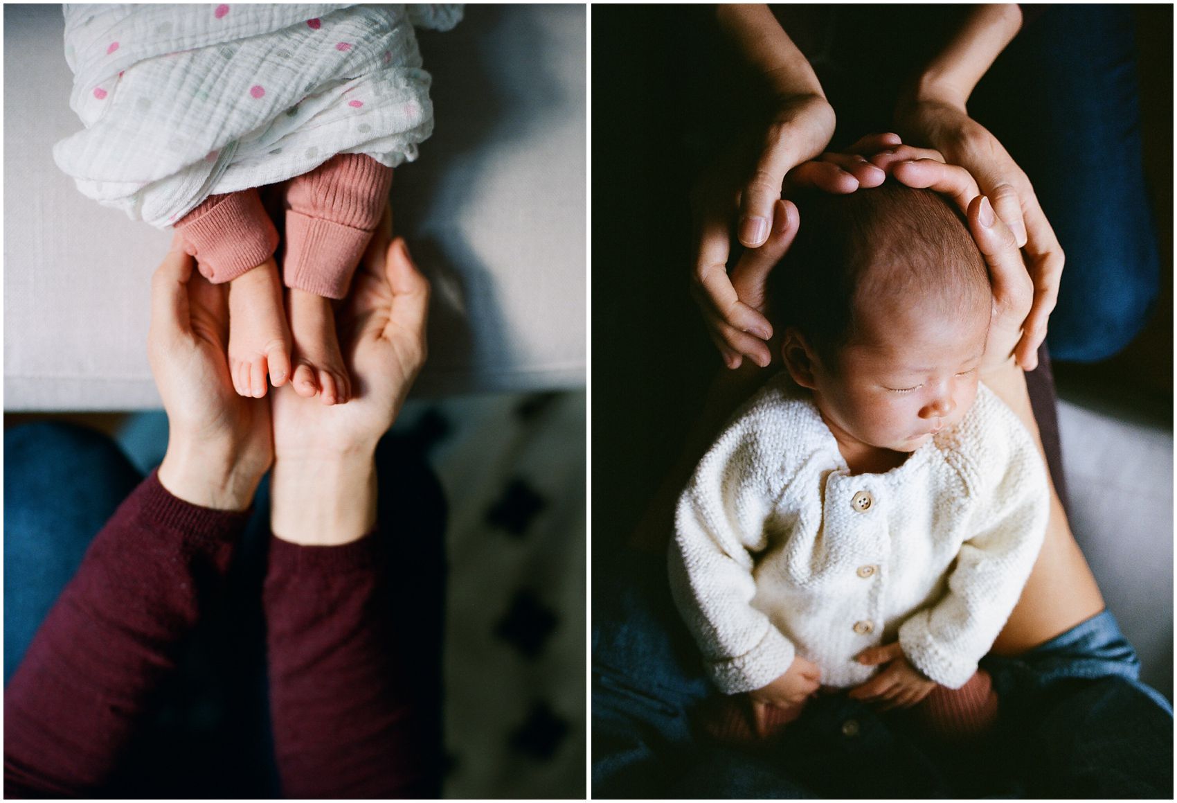 Best Newborn Photographer NYC Miriam Dubinsky shows artistic portraits with mom and dad holding baby toes and baby head