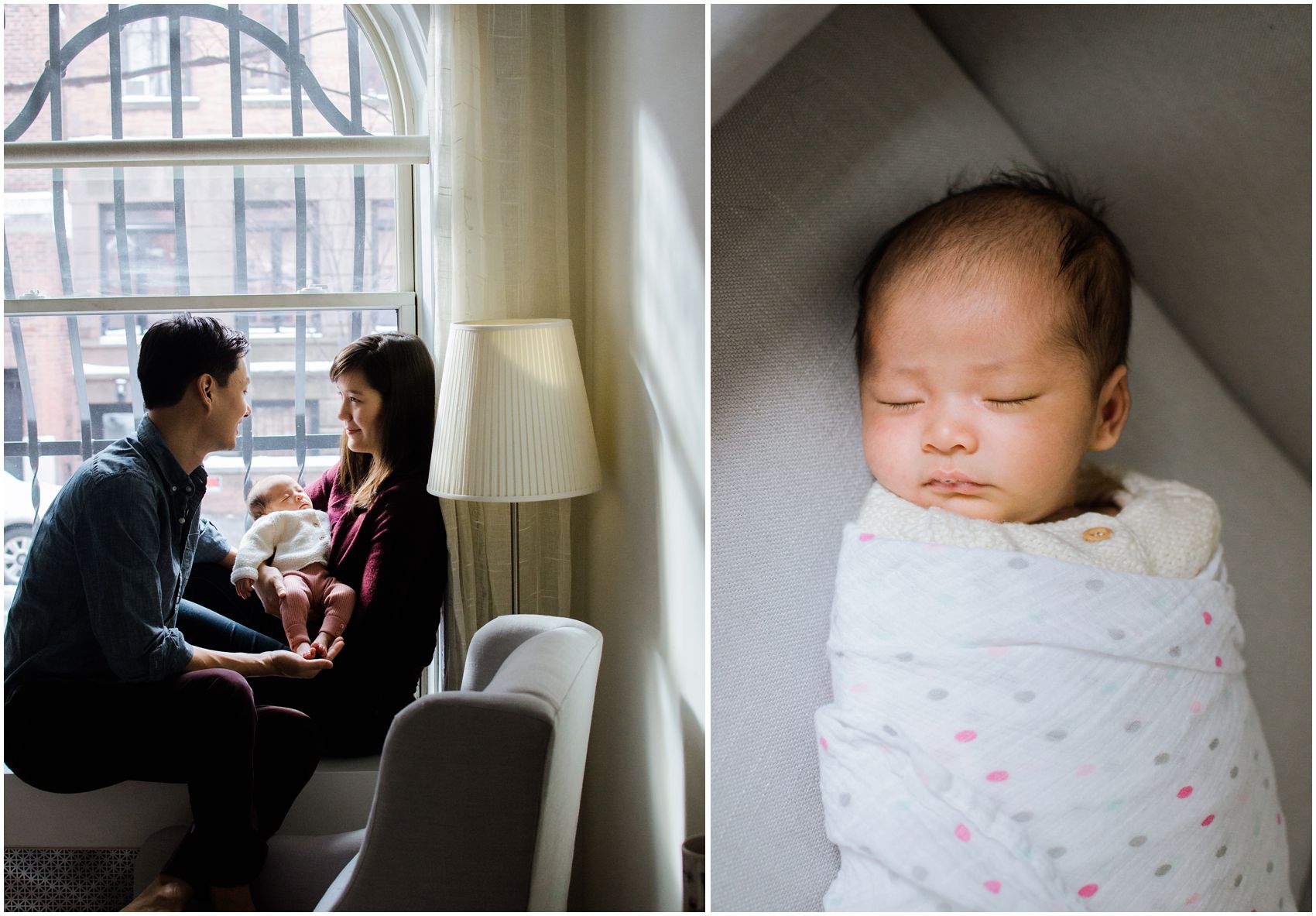 happy mom and dad pose for newborn photography with their new baby by the NYC window
