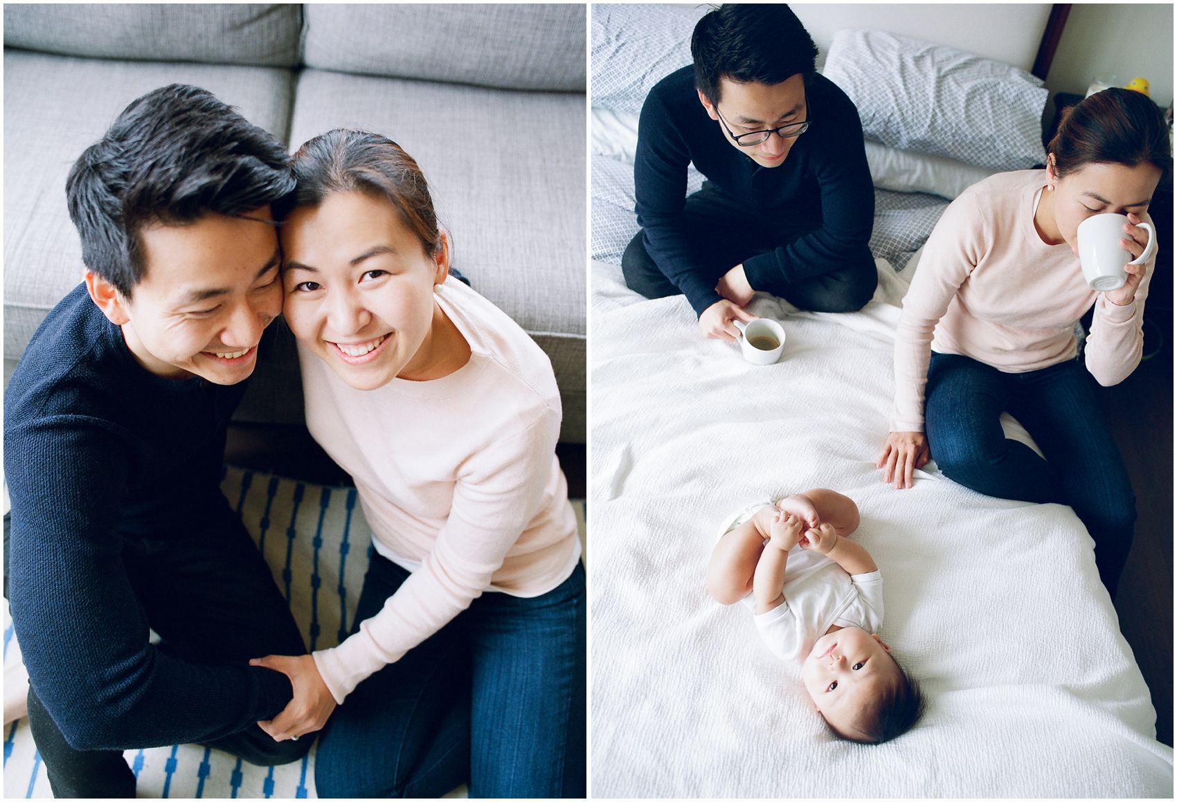 mom and dad drinking coffee from white mugs and 6 months baby boy with curled feet up
