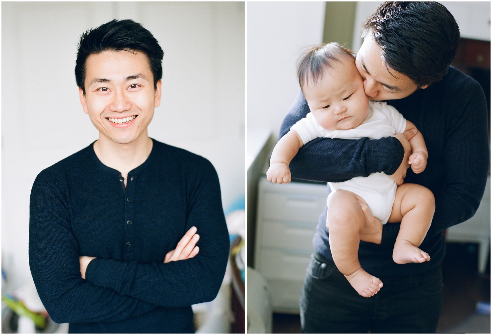 dad kissing baby boy in white onesie on a cheek in Hoboken, New Jersey