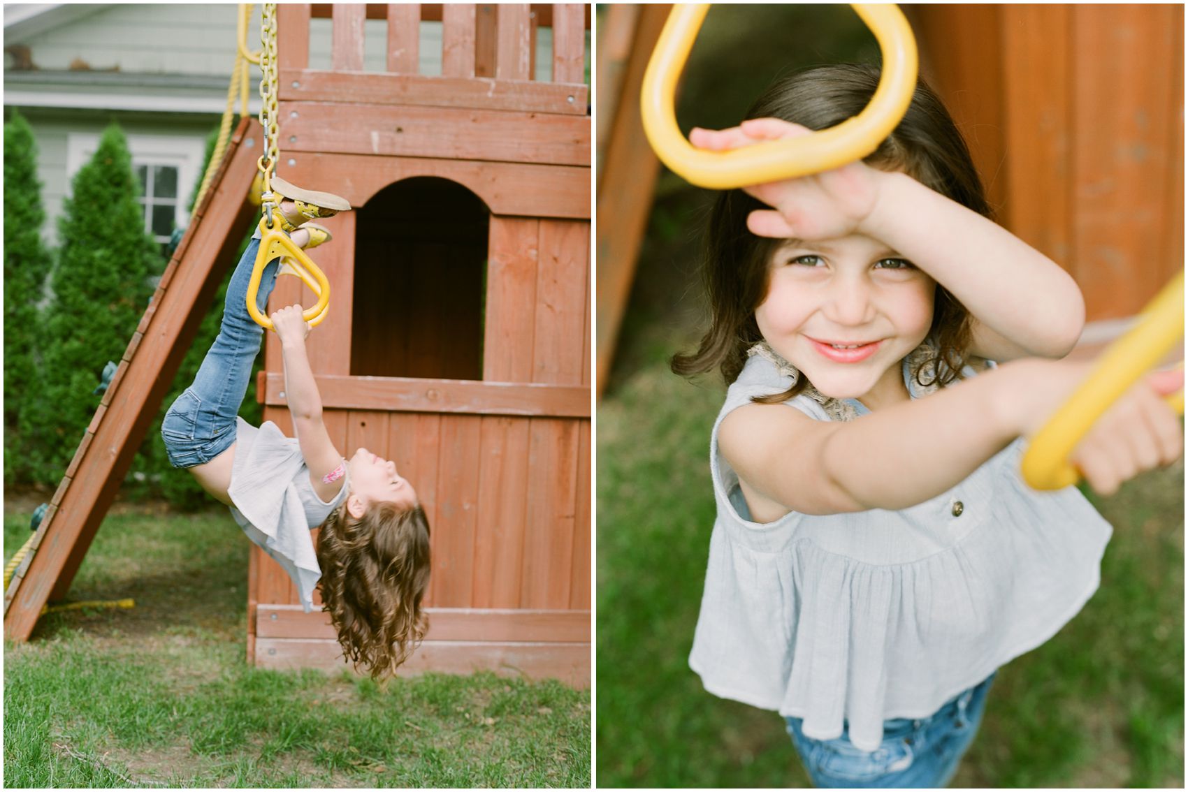 little girl wearing jeans and playing on the yellow swings of her Montclair NJ backyard