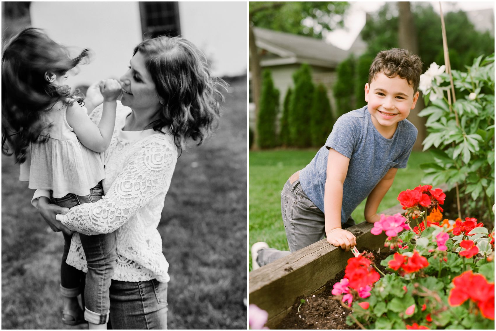 little boy is in the backyard garden next to mom who is twirling her daughter in their Montclair NJ home