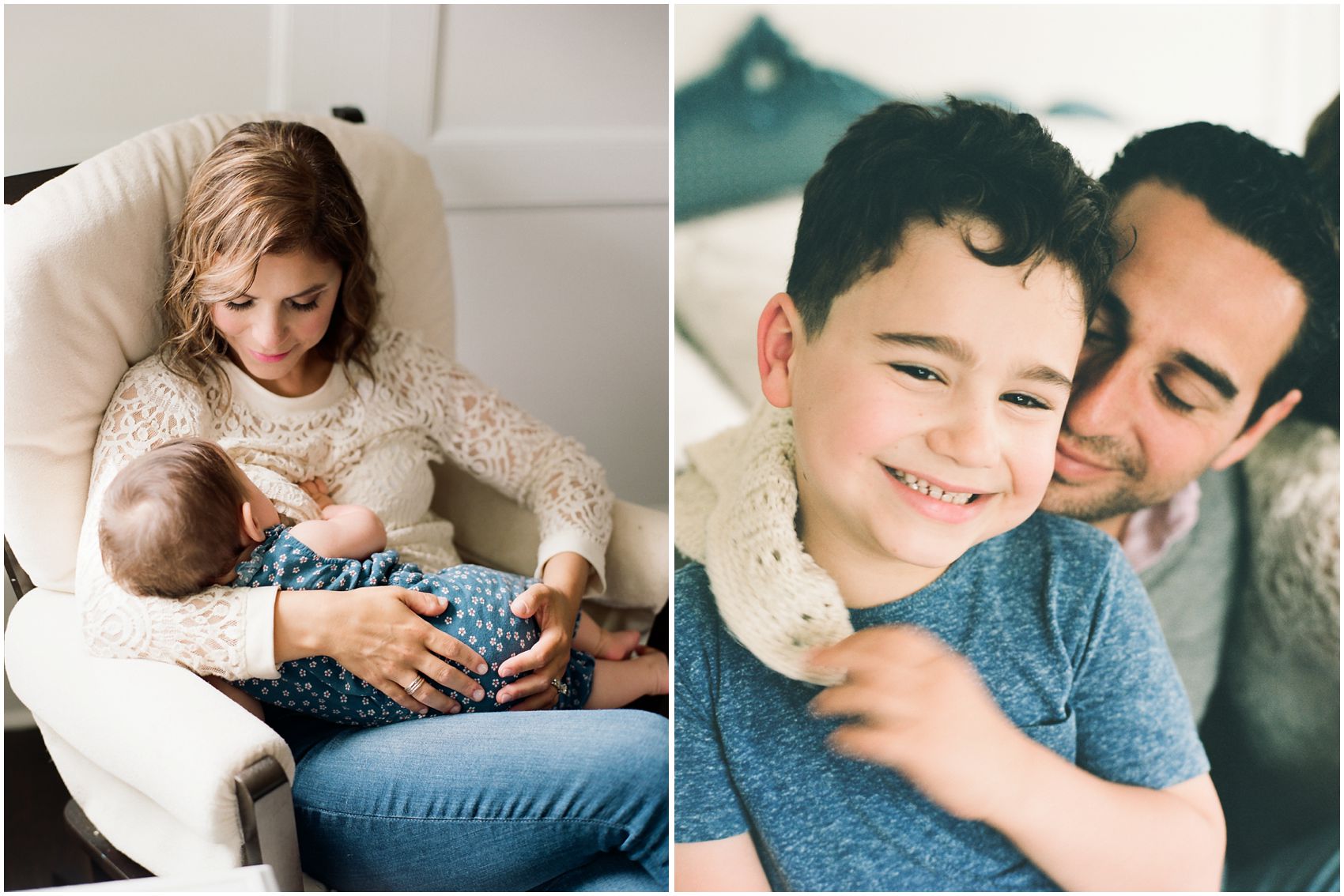 mom breastfeeding her baby and dad hugging his son at home inUpper Montclair NJ