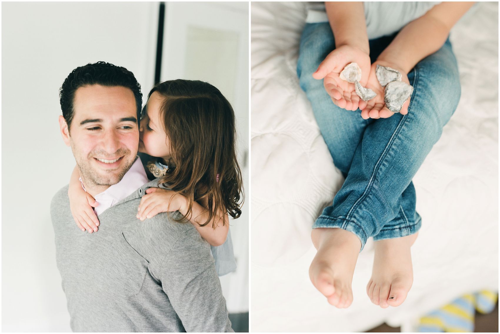 little girl hanging on dad's shoulders and telling dad a secret in Montclair NJ