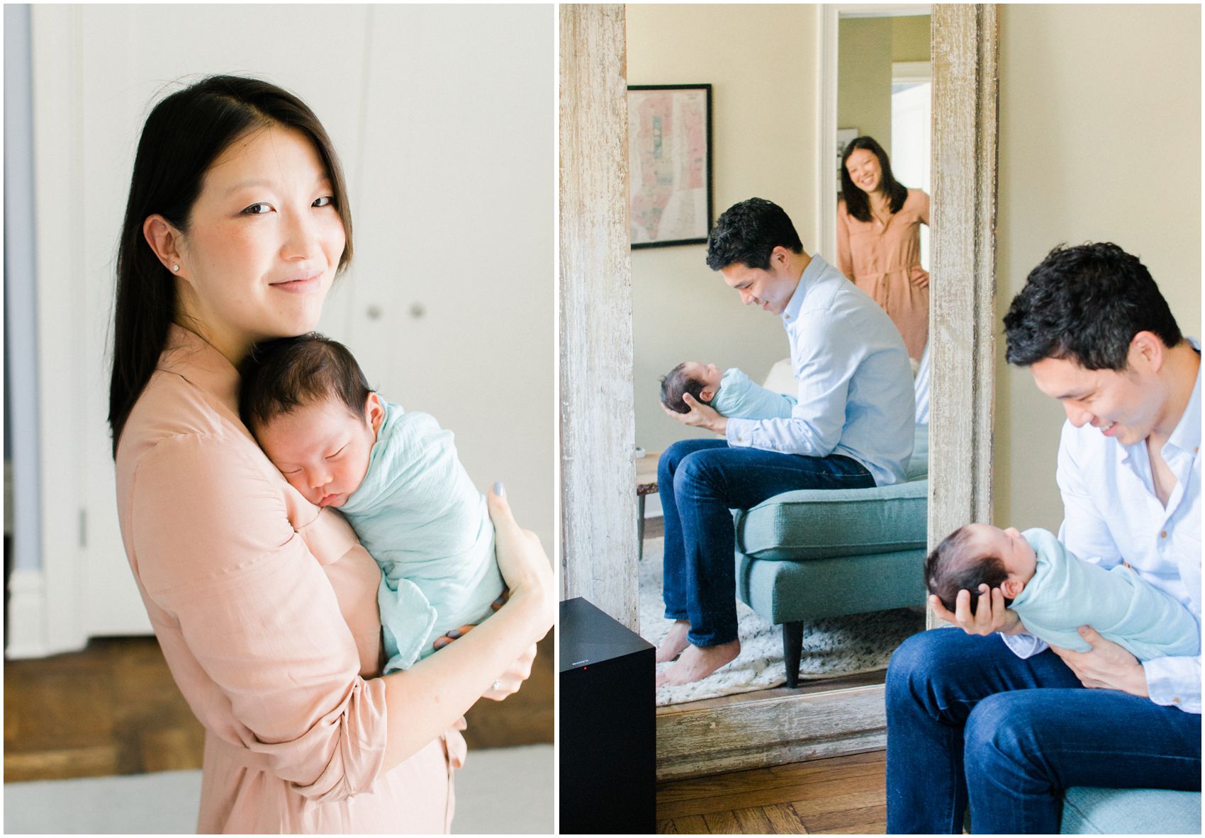 mom wearing neutral rose color dress for newborn photos in NYC