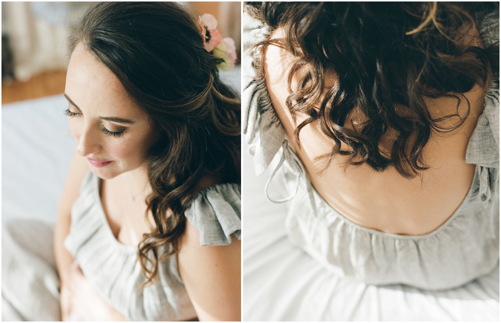 glowing mom at home during maternity session in NYC