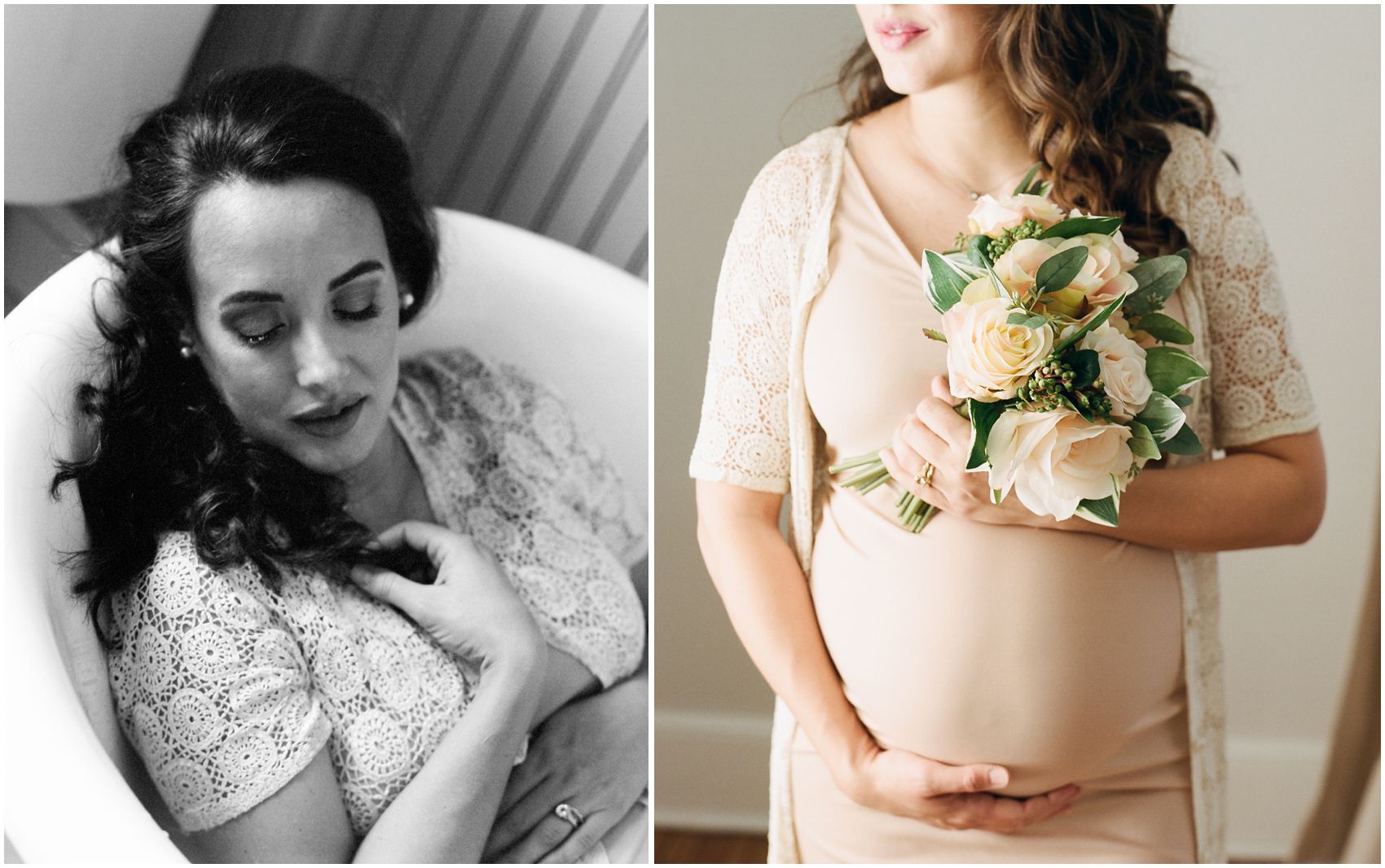pregnant mom holding peach flowers in Montclair NJ