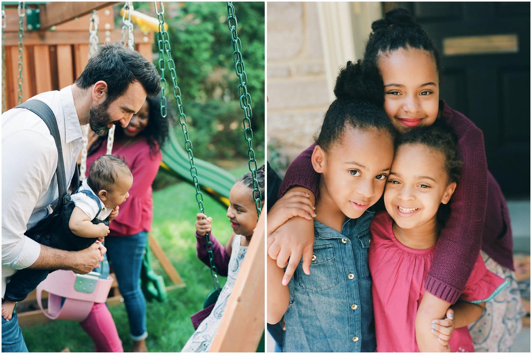 3 sisters hugging for a photo and dad is playing on swings with kids