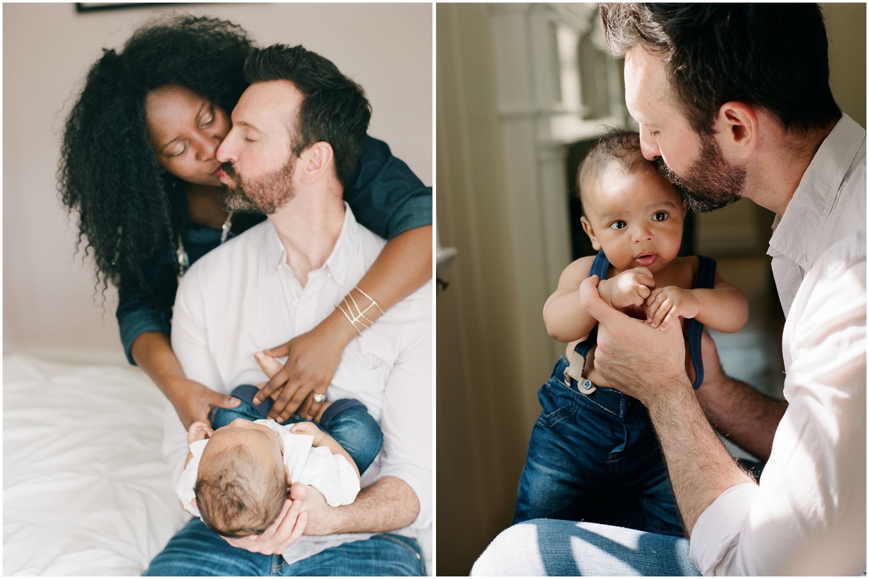 Newborn photos with mom and dad kissing with their baby boy