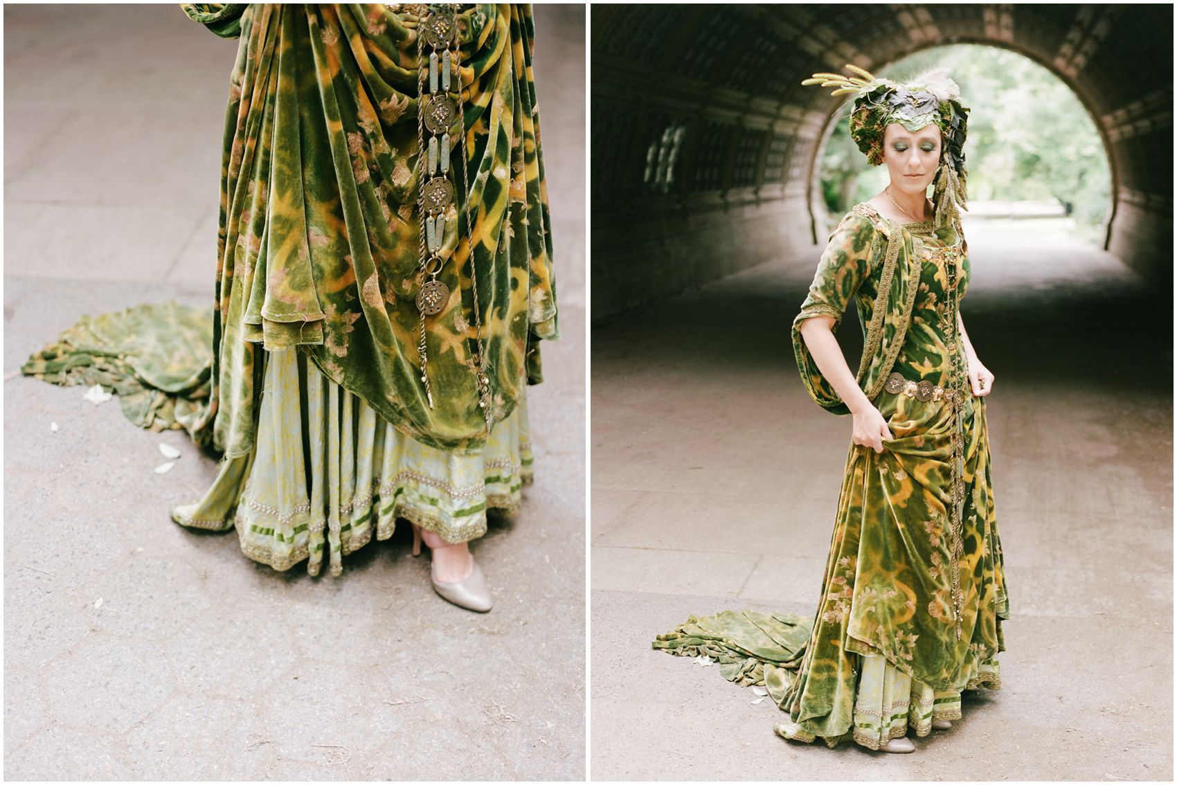 details of gorgeous green bohemian dress for an artistic portrait in Prospect Park of Brooklyn NY