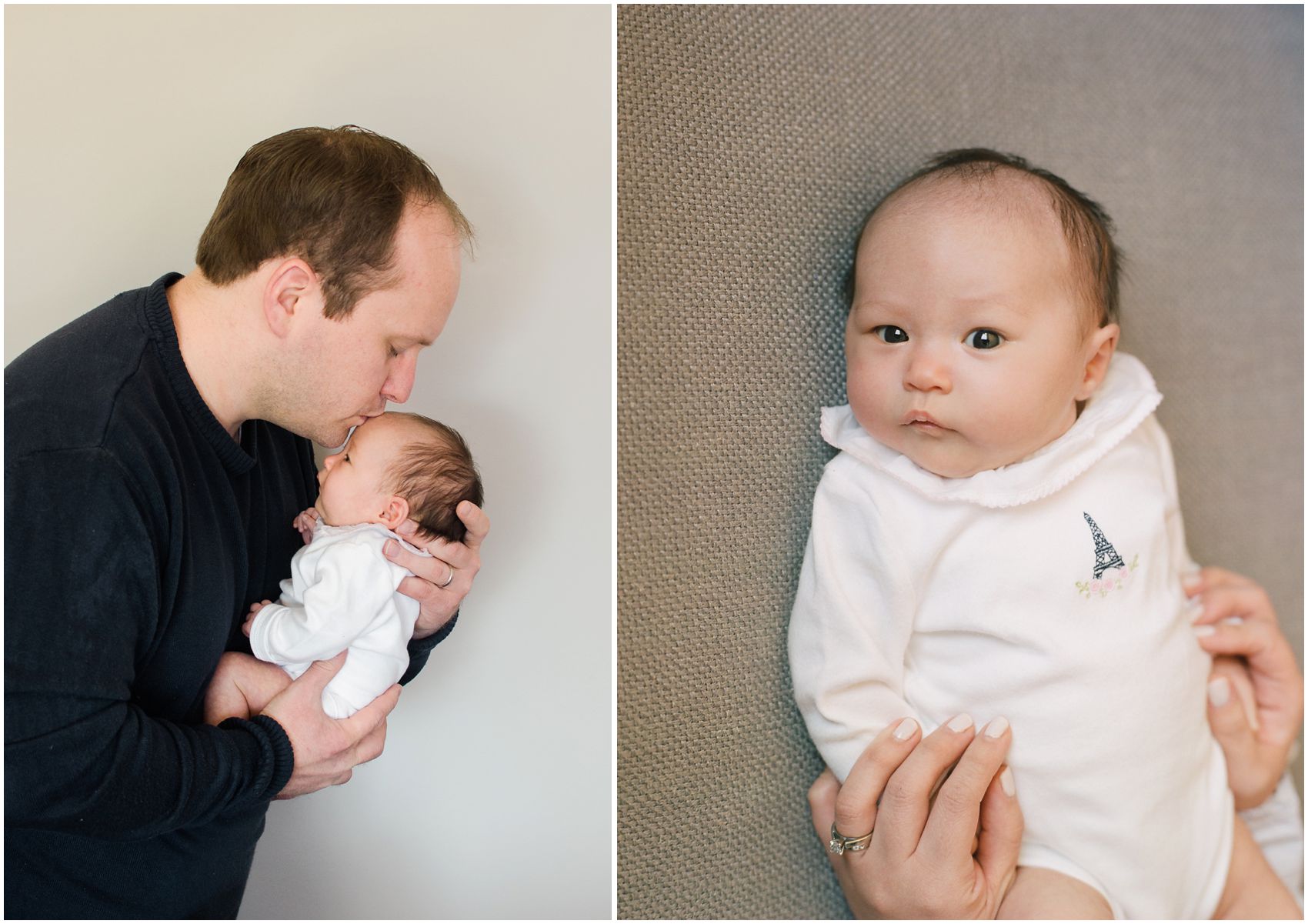 father kissing his baby girl and baby girl looking awake in NYC newborn photos