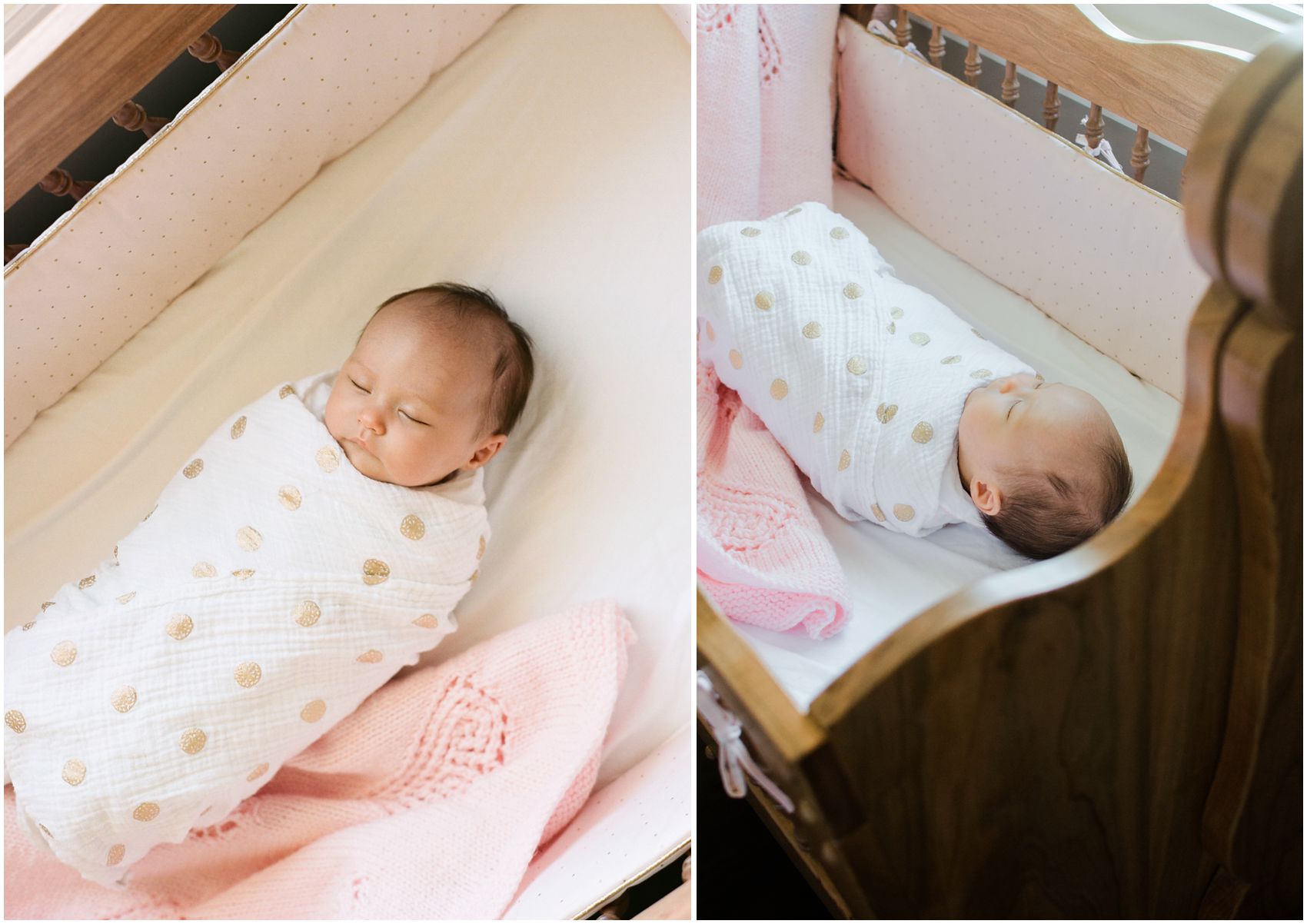 NYC Newborn Photographer Miriam Dubinsky shares how to incorporate personal items in portraits showing a baby girl sleeping in a handmade wooden crib