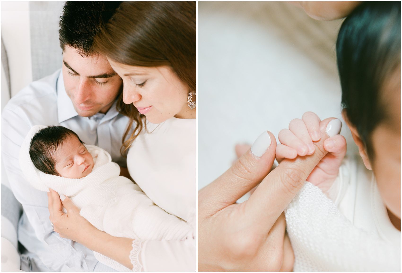 Indoor portrait of parents holding their baby girl in a tight space for NYC newborn lifestyle photos