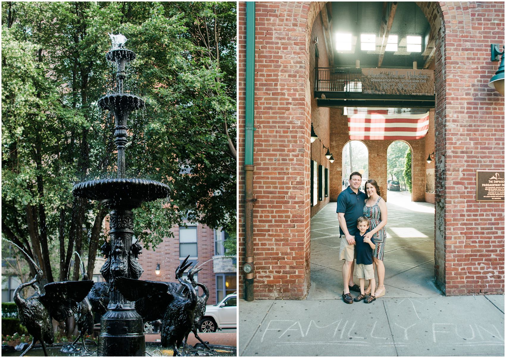Chalk sign of Family Fun in front of a mom and dad standing for family portrait under the brick arch