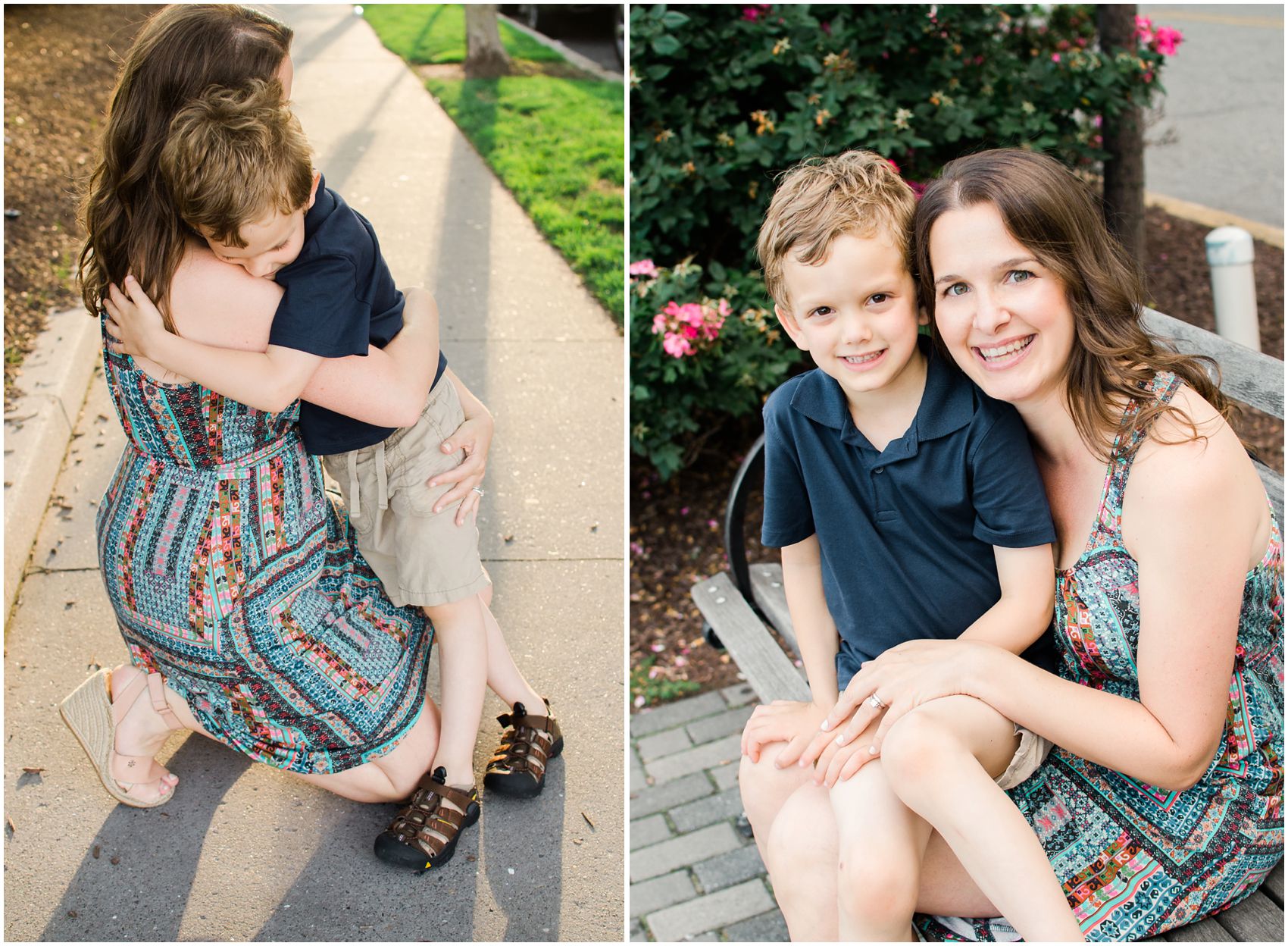 mama hugging her son in the park of Hoboken Waterfront