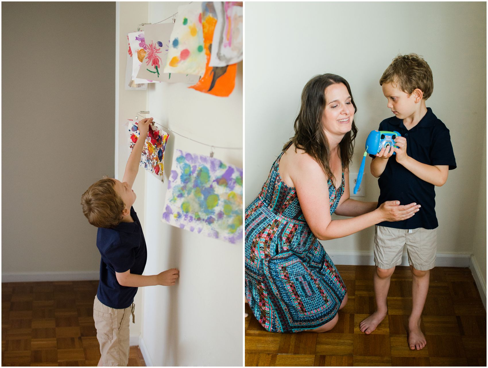 Family photographer in Hoboken captures a young boy hangs hanging his arts projects and playing with a camera