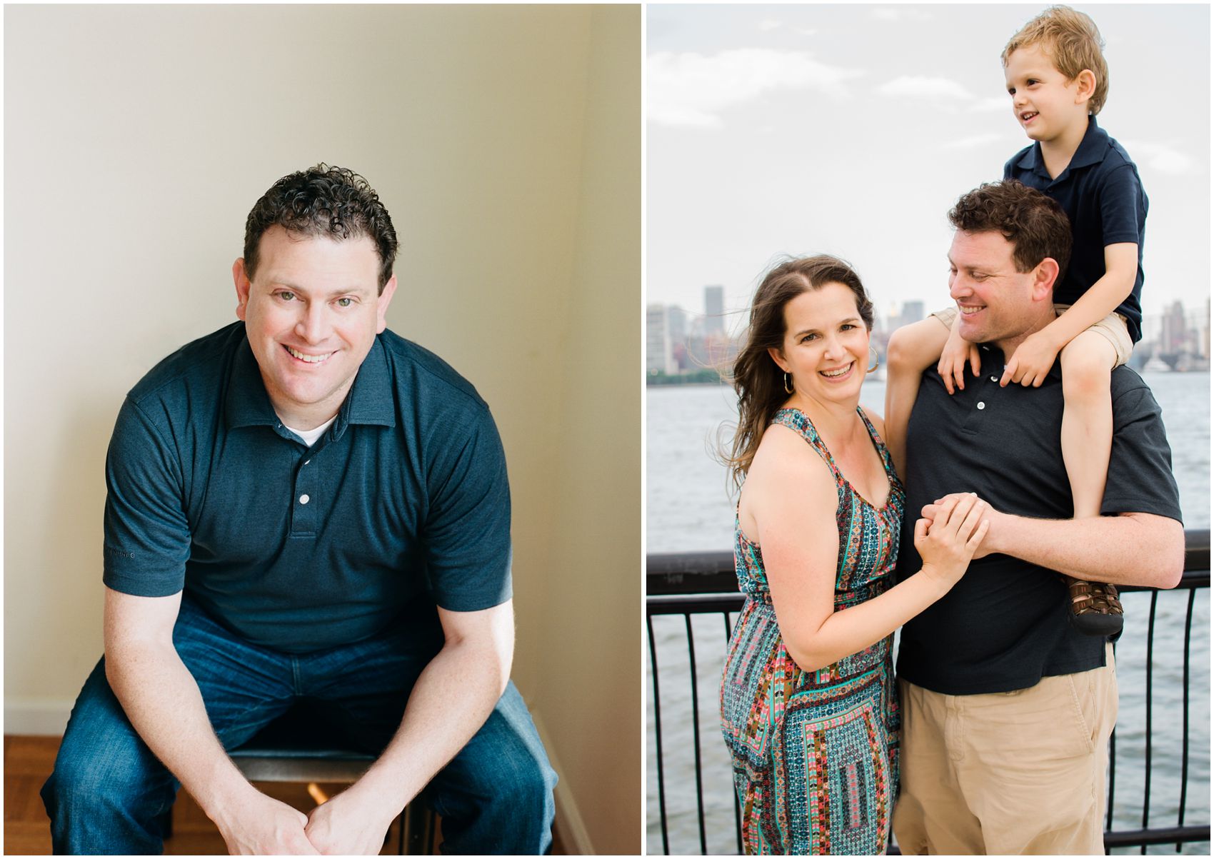 summer family portrait of parents and son sitting on shoulders by Hoboken Waterfront