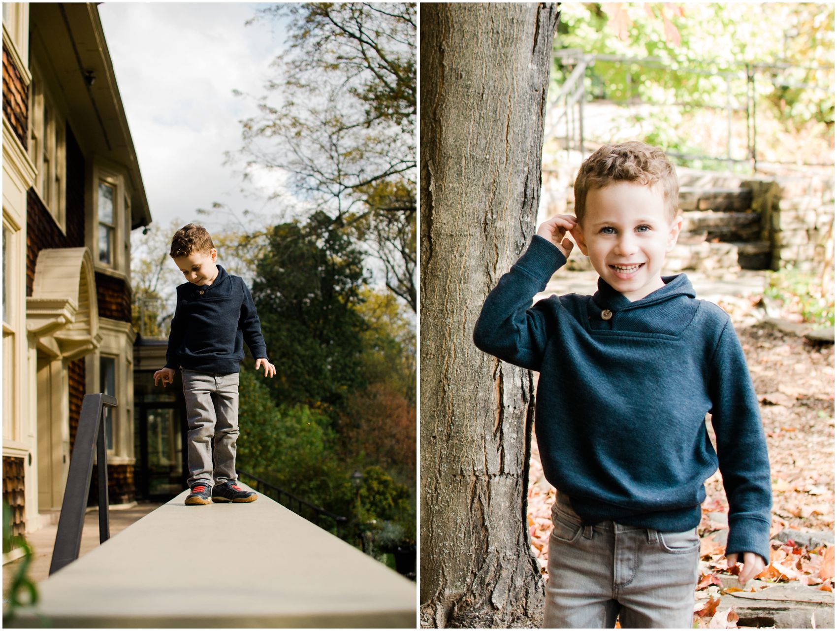 little boy wearing blue sweater and grey pants for his family portrait session in NJ Arboretum