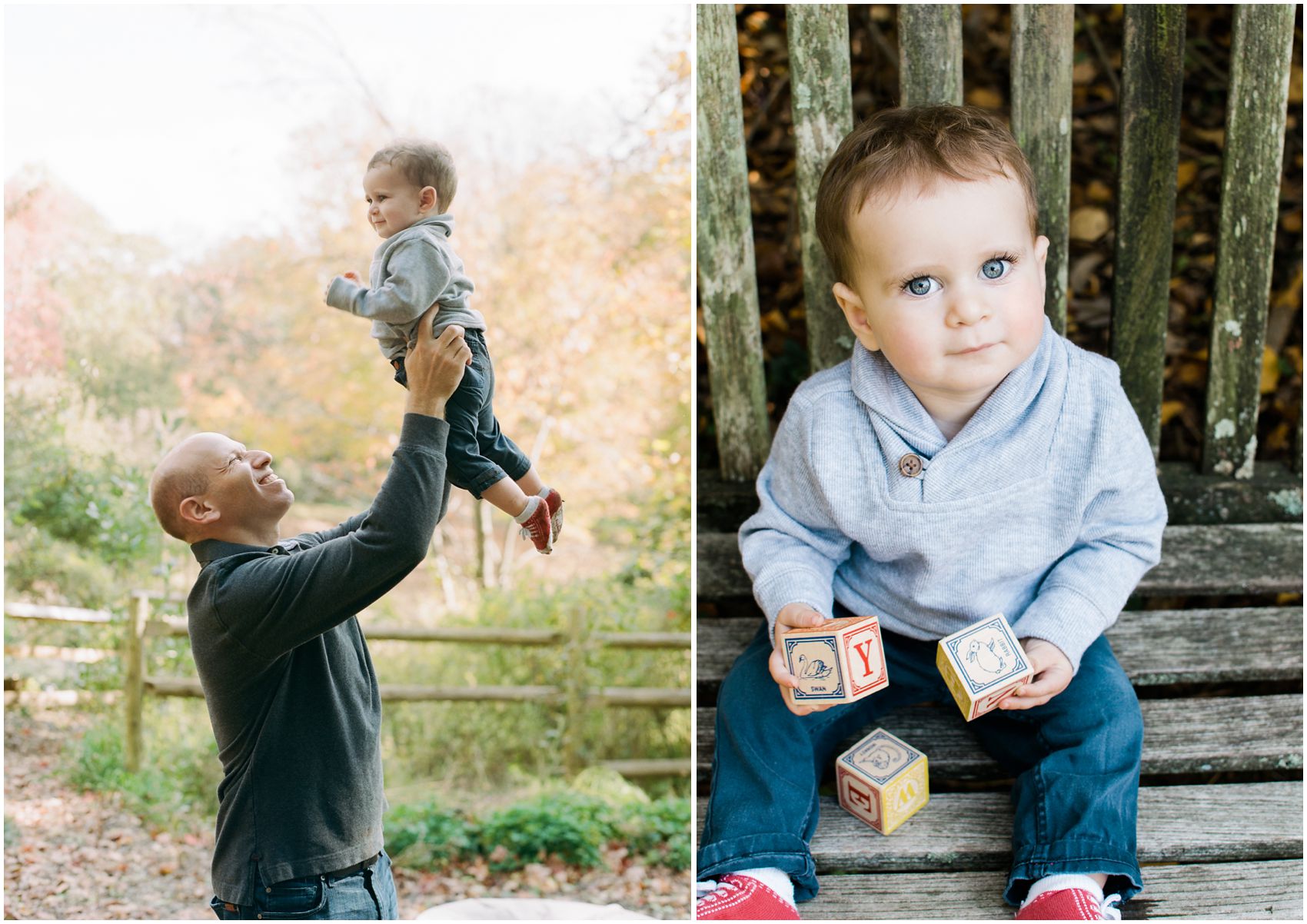 dad is picking his 18 month old baby with blue eyes in the air and they are both wearing blue and grey colors.
