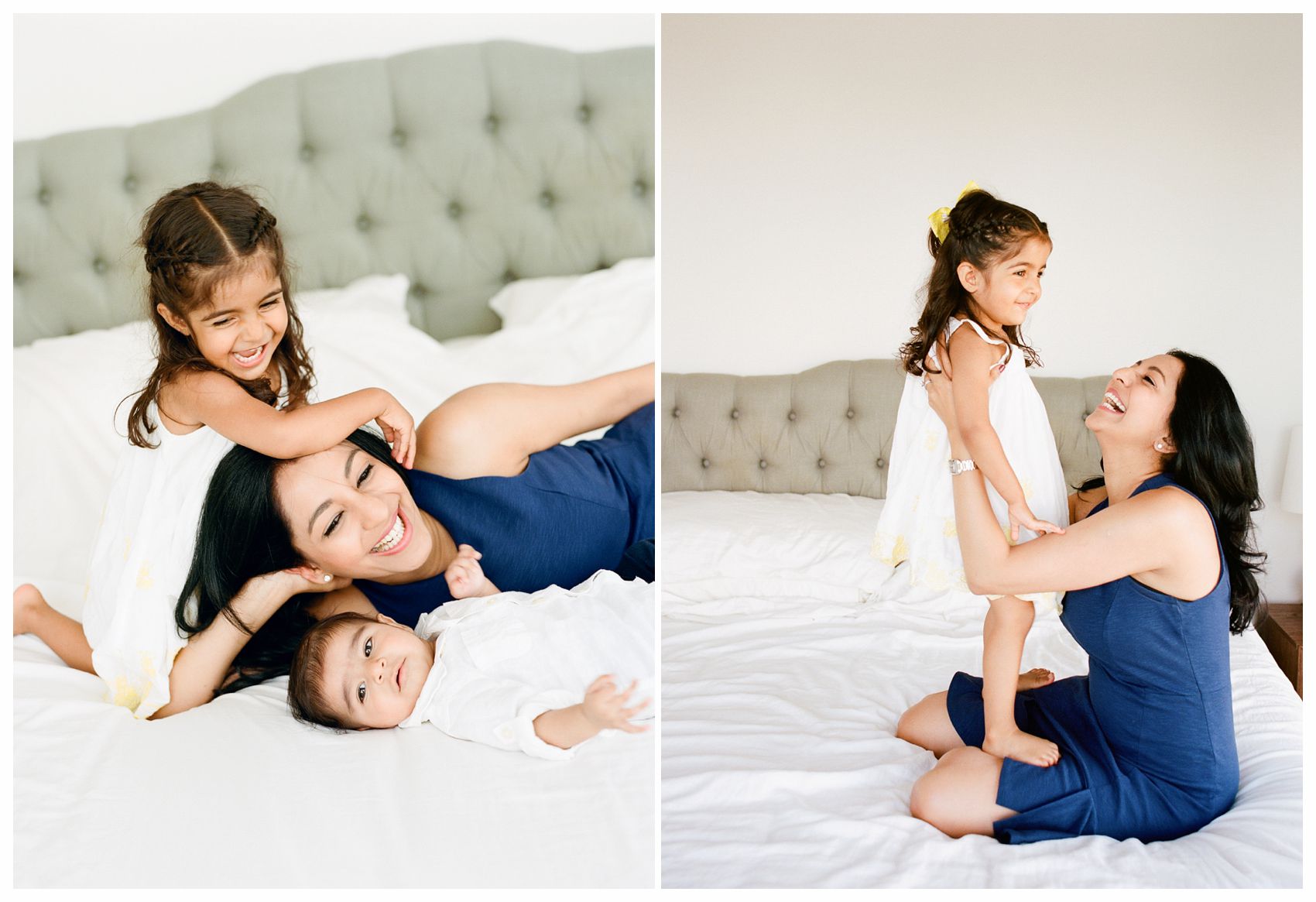 mom playing and giggling with her little daughter and baby boy on a big white bed during the NYC family Photography session