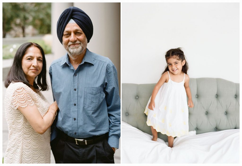 Family portrait of grandparents and granddaughter from India at home in NYC