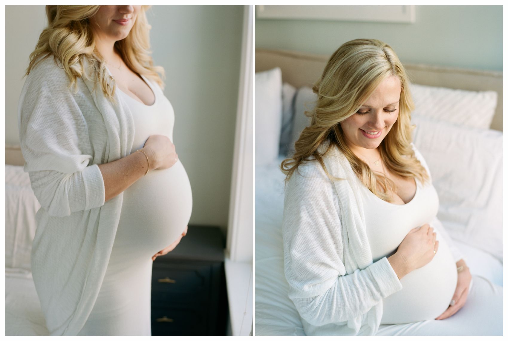 NYC Best Maternity Photographer Miriam Dubinsky photographs pregnant mom wearing a stunning white maternity dress