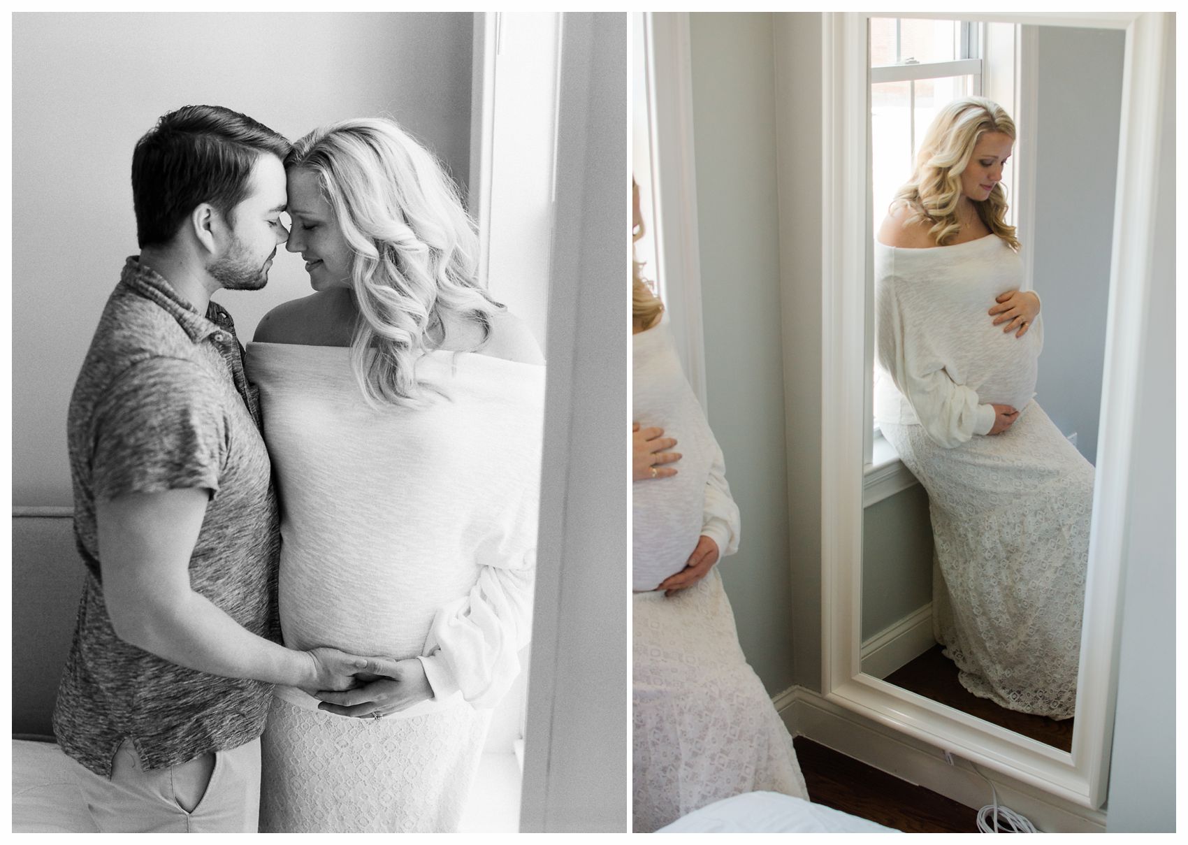 A reflection of pregnant mom and dad in their bedroom mirror in artistic maternity photos by Miriam Dubinsky