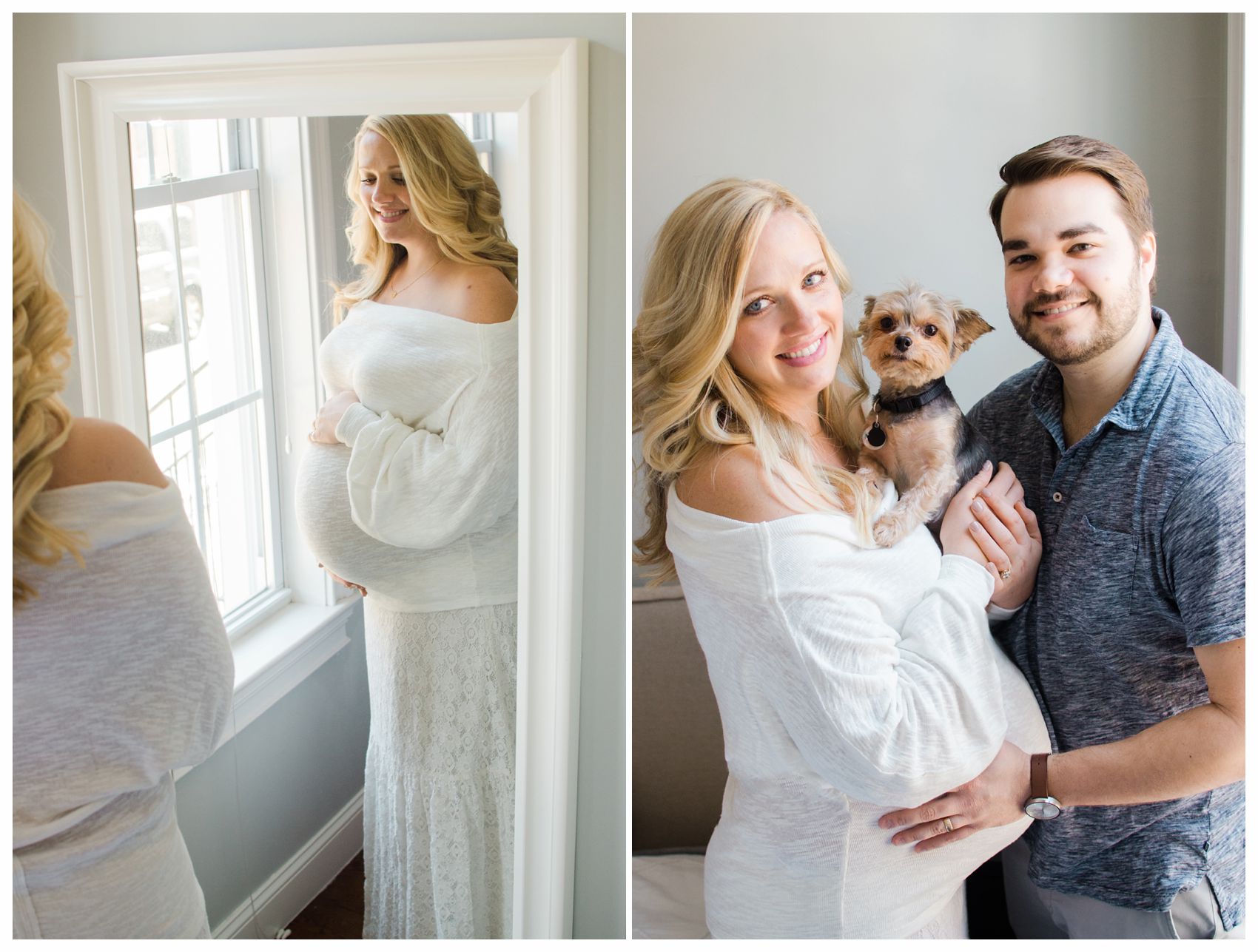 pregnant mom and dad are posing for family portrait with their dog in Hoboken NJ during in-home maternity session