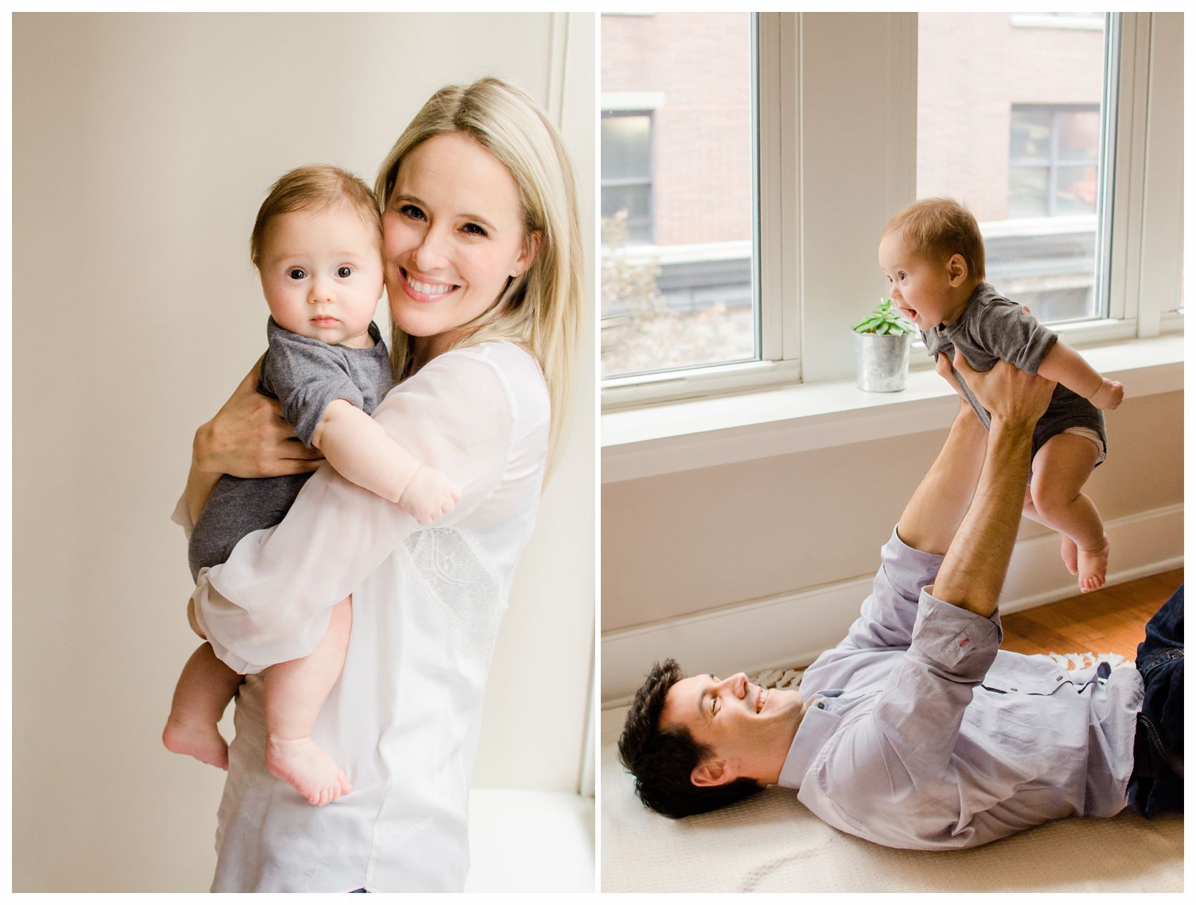 mom is taking a portrait with her 5 months old and dad is playing airplane in Hoboken NJ