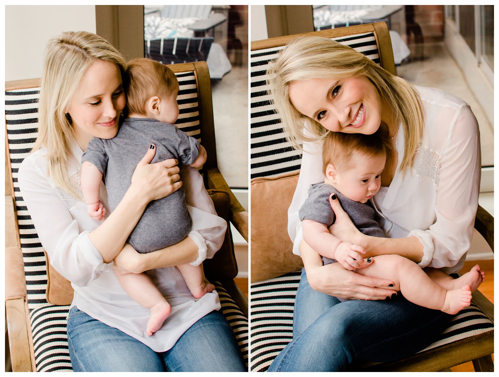 best newborn photographer taking photo of a blond mom hugging her 5 months old chubby baby boy in grey onesie in Hoboken NJ