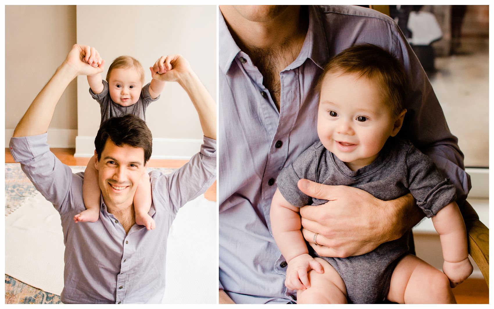 baby boy sitting on dad shoulders and smiling for Father's Day portrait
