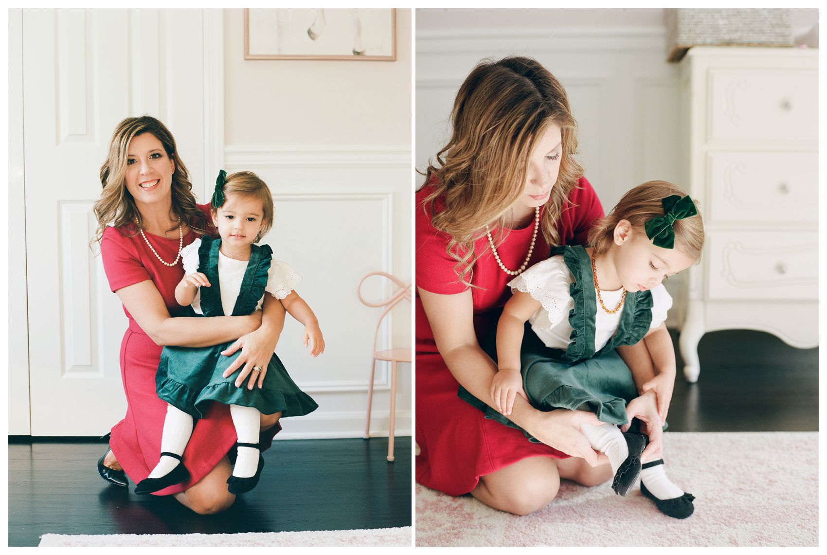 mom getting little girl dressed for family holiday photos