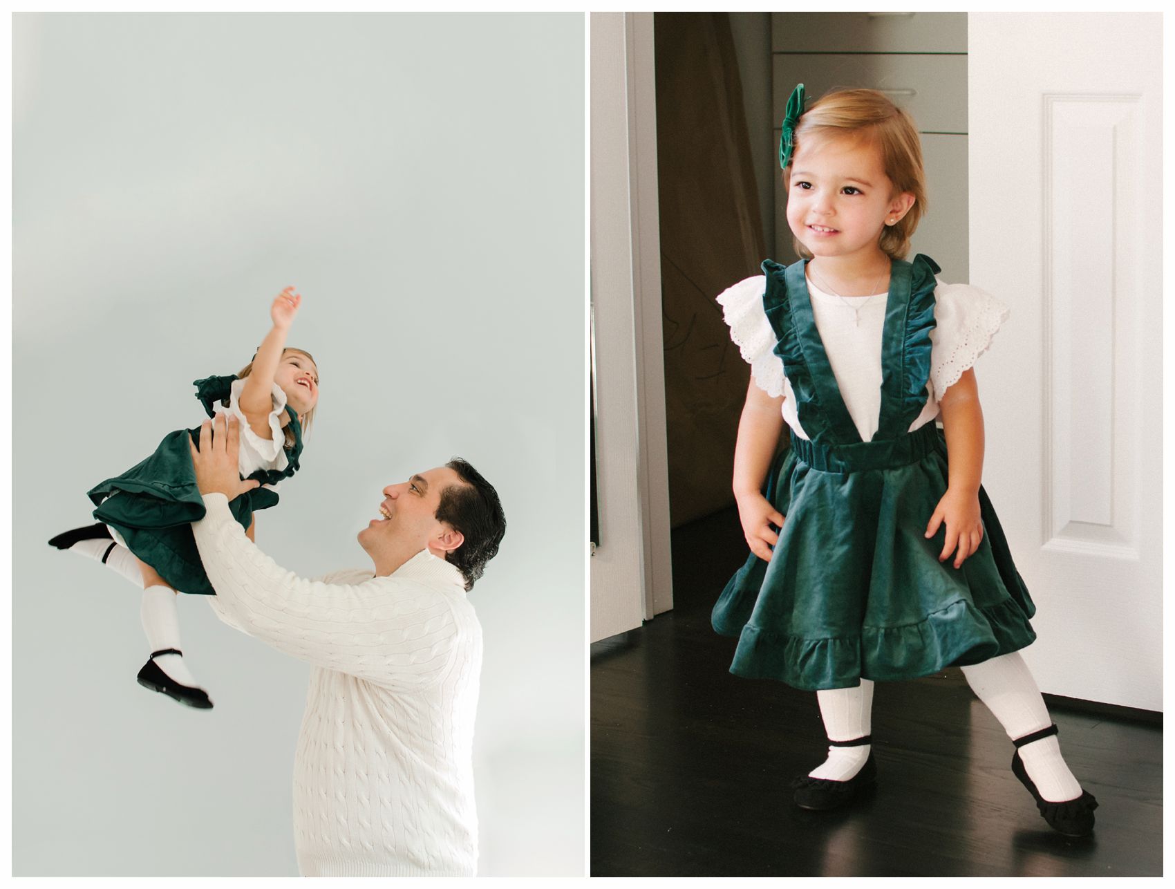 little girl is looking all grown up in her green holiday dress and playing airplane with dad